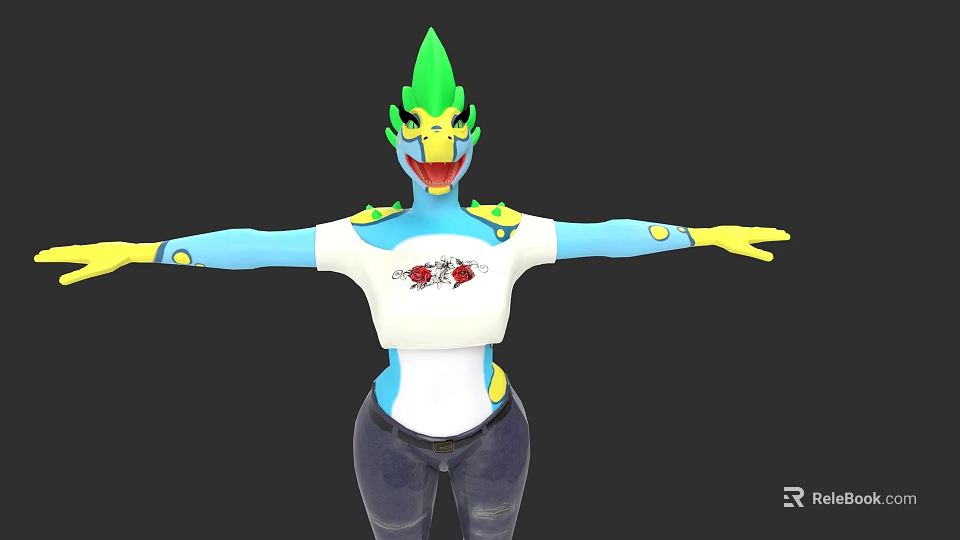 Green Head Blue Body Game Movie Character Wearing White Top And Jeans With Arms Outstretched 3d model 