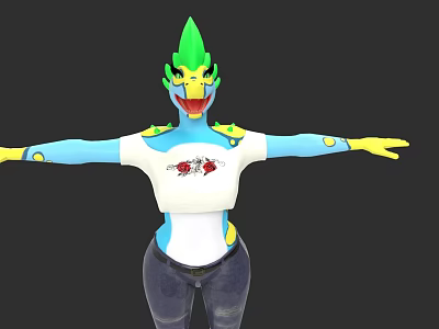 Green Head Blue Body Game Movie Character Wearing White Top And Jeans With Arms Outstretched 3d model