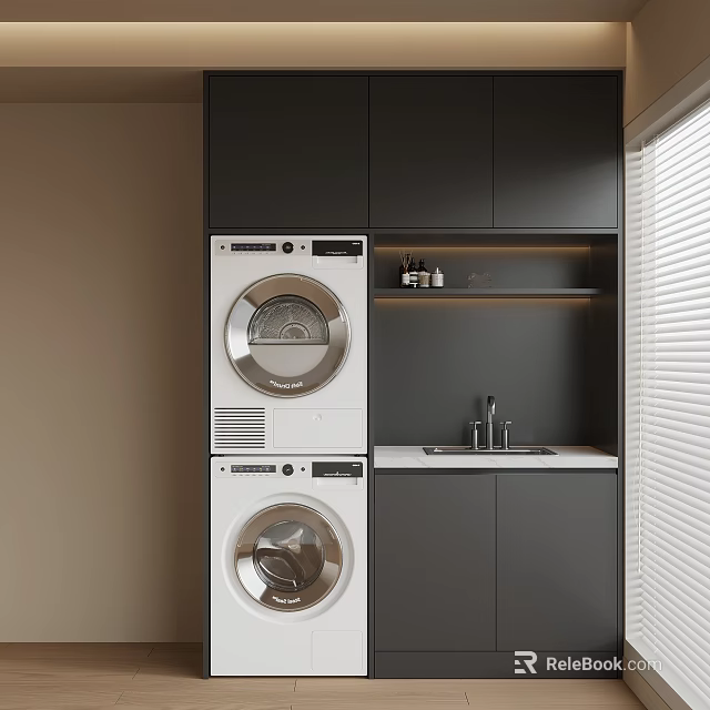 Modern Balcony Cabinet With Stacked Washing Machine Dryer Sink And Storage Shelf 3d model 