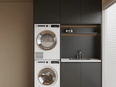 Modern Balcony Cabinet With Stacked Washing Machine Dryer Sink And Storage Shelf 3d model