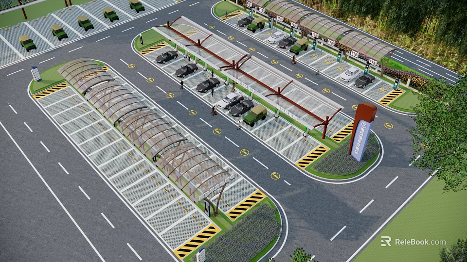 Modern Parking Lot With Covered Areas Parking Spaces Road Layout And Entrance Sign 3d model 