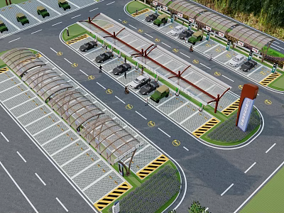 Modern Parking Lot With Covered Areas Parking Spaces Road Layout And Entrance Sign 3d model