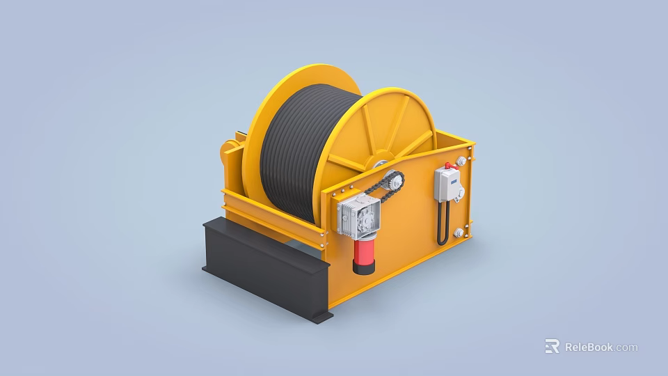 Industrial Equipment Yellow Winch With Black Cable Base And Control Terminal Box 3d model 