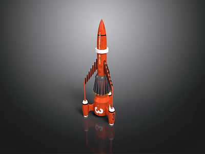 Red Rocket Model With White Details And Stand Structure On Dark Background 3d model