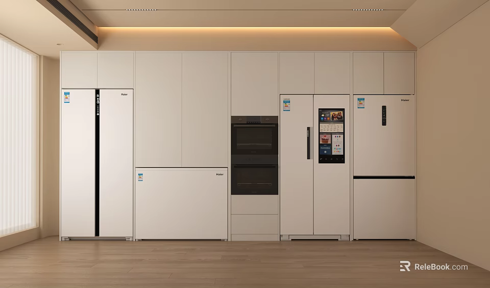 Modern White Kitchen Interior Design With Cabinets Refrigerators And Oven Appliances 3d model 