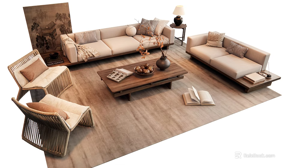 Modern Living Room Sofa Coffee Table Set With Armchair Rug And Decorative Pillows 3d model 