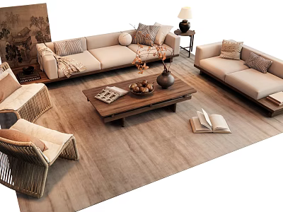 Modern Living Room Sofa Coffee Table Set With Armchair Rug And Decorative Pillows 3d model
