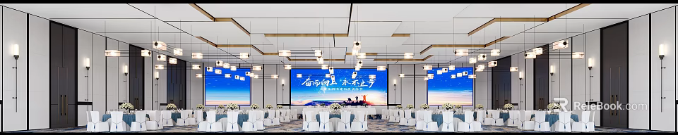 Modern Conference Room Interior With Large Screen Pendant Lights Arranged Tables And Flower Decorations 3d model 