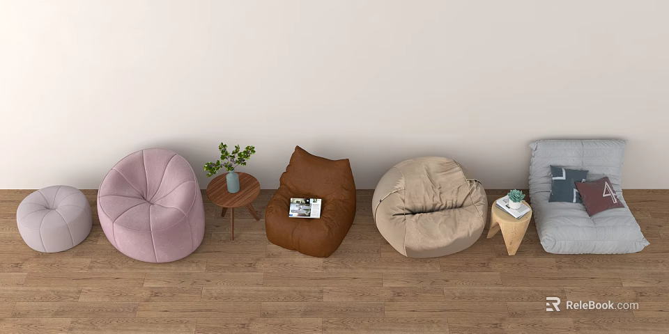 Colorful Bean Bag Chairs with Small Tables Green Plants and Magazines in Living Room 3d model 