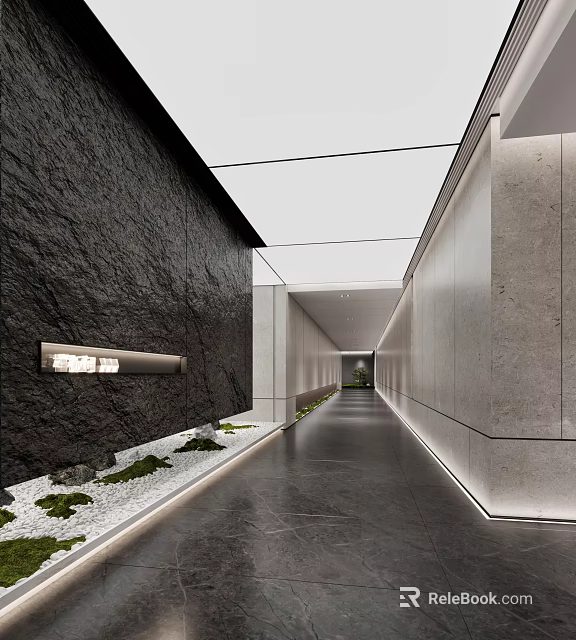 Modern Office Corridor With Dark Stone Wall Gray Floor LED Strips And Green Plants 3d model 