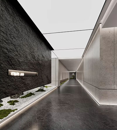 Modern Office Corridor With Dark Stone Wall Gray Floor LED Strips And Green Plants 3d model