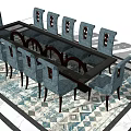 Elegant Dining Table Set With Blue Upholstered Chairs And Geometric Rug 3d model