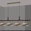 Wooden Chandelier with Four White Lampshades and Decorative Balls on Light Wall with Vertical Stripes