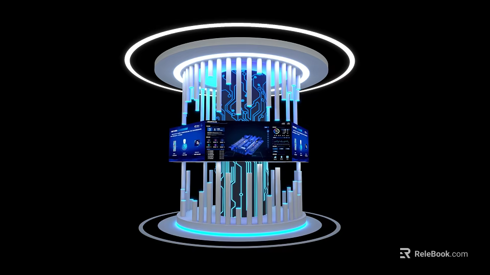 Modern High Tech Exhibition Island With Blue Lighting Digital Displays And Geometric Structure 3d model 