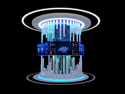 Modern High Tech Exhibition Island With Blue Lighting Digital Displays And Geometric Structure 3d model