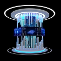 Modern High Tech Exhibition Island With Blue Lighting Digital Displays And Geometric Structure