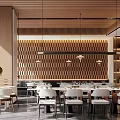 Modern Restaurant Interior With Wooden Slat Wall Hanging Lights And Dining Tables