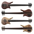 Two Stylish Electric Bass Guitars With Light Dark Wood Grain Curved Body Design And Strings