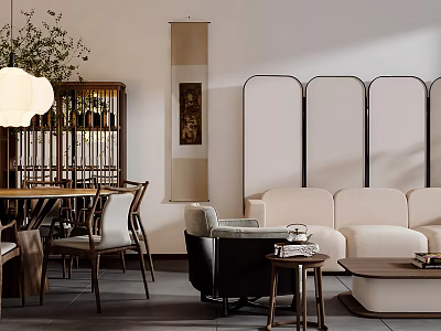 Modern Living and Dining Room Interior With Beige Sofa Wooden Table Lantern Light And Decorative Screen 3d model