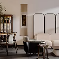 Modern Living and Dining Room Interior With Beige Sofa Wooden Table Lantern Light And Decorative Screen