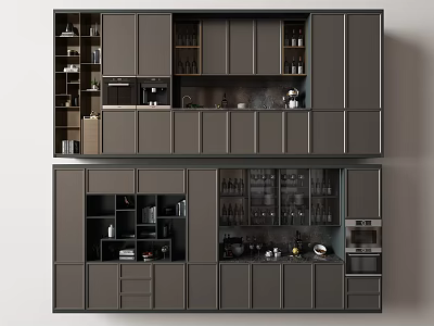 Modern Dark Gray Kitchen Cabinets With Upper Lower Storage And Glass Doors 3d model