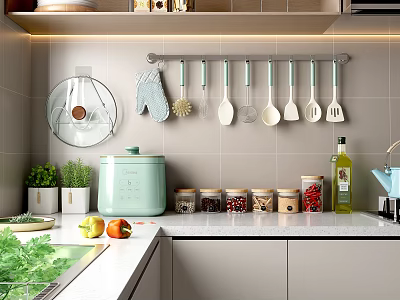 Hanging Kitchen Utensil Set with Spatulas Spoons Oven Mitts and Spice Jars in Modern Kitchen 3d model