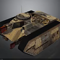 Tan and Black Military Vehicle With Armored Structure Hatch Wheels Red Taillights