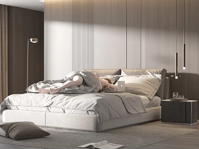Modern Double Bed With Soft Bedding Wooden Panel Wall And Nightstand Floor Lamp 3d model