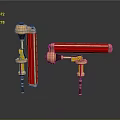 Red And Gold Cylindrical Mechanical Tools With Shiny Stands And Components