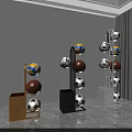 Sports Equipment Display With Gold Black White Ball Racks Holding Volleyballs Basketballs Soccer Balls