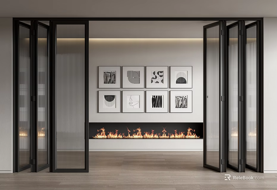 Open Black Folding Doors In Modern Interior With Fireplace And Decorative Artworks 3d model 