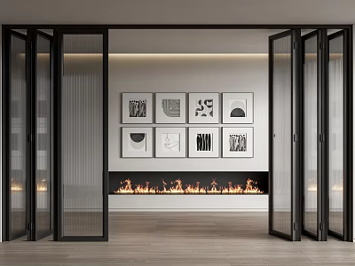 Open Black Folding Doors In Modern Interior With Fireplace And Decorative Artworks 3d model
