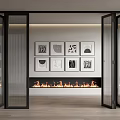 Open Black Folding Doors In Modern Interior With Fireplace And Decorative Artworks