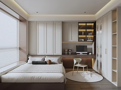 Modern Tatami Bedroom Interior With Built In White Cabinets Window Blinds Desk And Chair 3d model