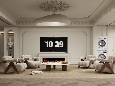 Elegant Living Room Interior With Ornate Ceiling Pendant Light TV Fireplace Coffee Table And Armchairs 3d model