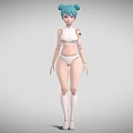 3D Game and Movie Character with Turquoise Bun Hair White Outfit Mechanical Arm and Knee