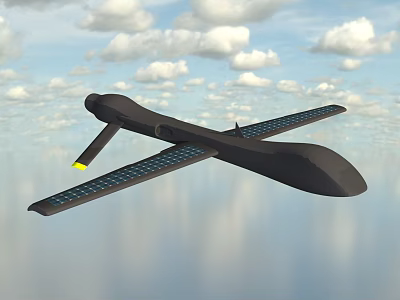 Unmanned Aerial Drone Flying In Sky With Clouds And Water Reflection 3d model