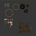 Collection of Various Objects Including Green Cylinder Circular Rings Wooden Blocks and Small Cards