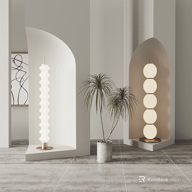 Modern White Floor Lamps With Circular Design In Archway Interior And Potted Plants 3d model 