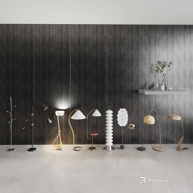 Various Design Floor Lamps Against Dark Wall With Light Colored Floor And Shelf Green Plant 3d model 