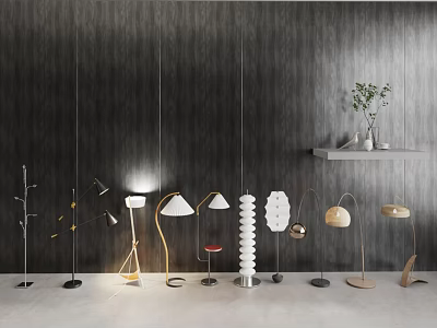 Various Design Floor Lamps Against Dark Wall With Light Colored Floor And Shelf Green Plant 3d model