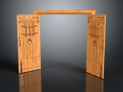 Vintage Wooden Entrance Gate With Intricate Carvings And Metal Decorative Fittings 3d model
