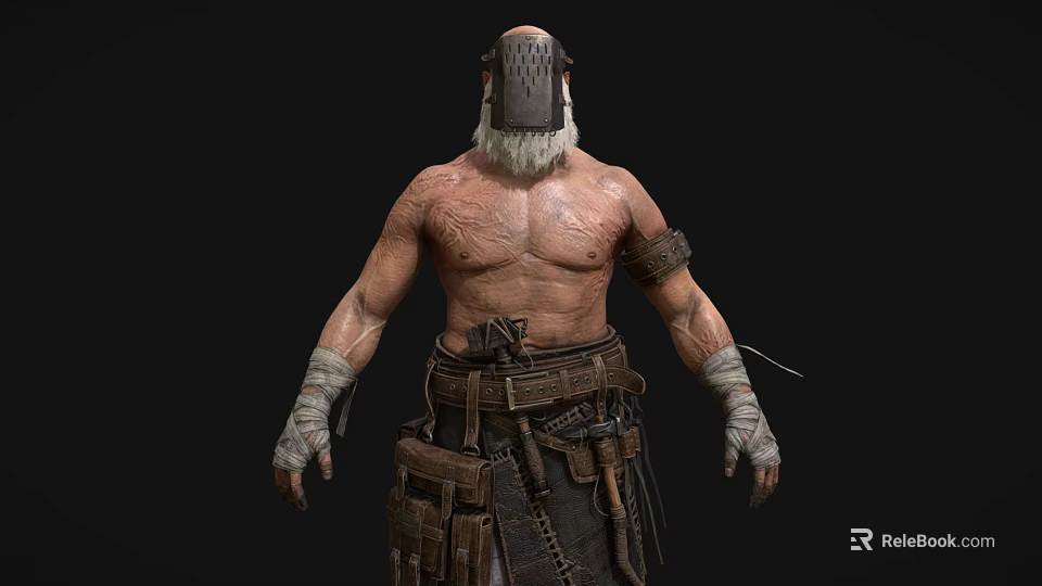 Rugged Bald Headed Warrior With Long Beard Scars Wrist Bandages And Leather Belt Tools 3d model 