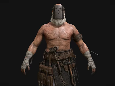 Rugged Bald Headed Warrior With Long Beard Scars Wrist Bandages And Leather Belt Tools 3d model