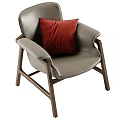 Modern Light Gray Leather Accent Chair With Red Checkered Pillow And Wooden Frame