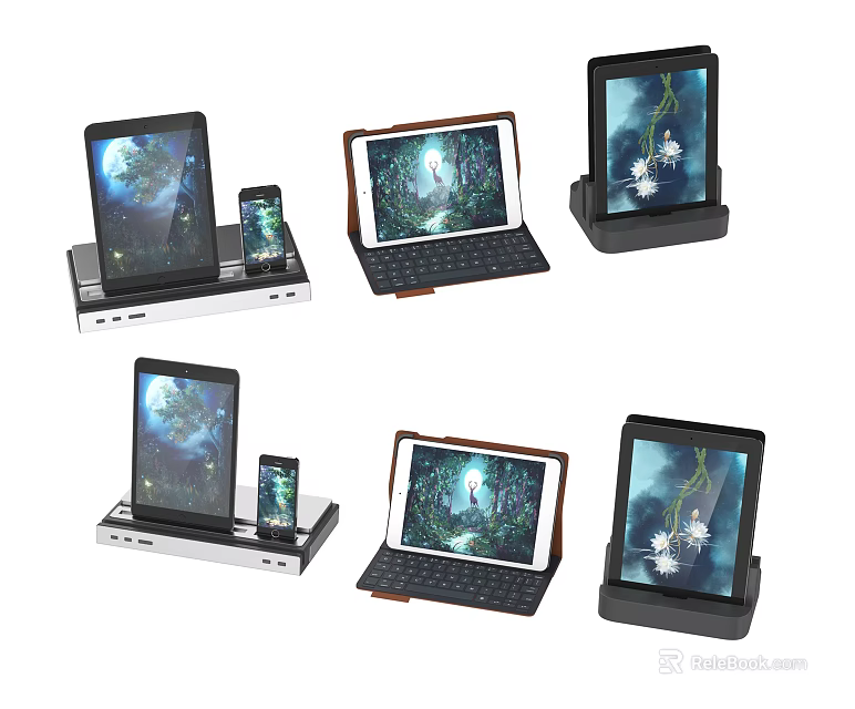Tablets With Keyboard Cases Charging Docks And Smartphones In Different Display Setups 3d model
