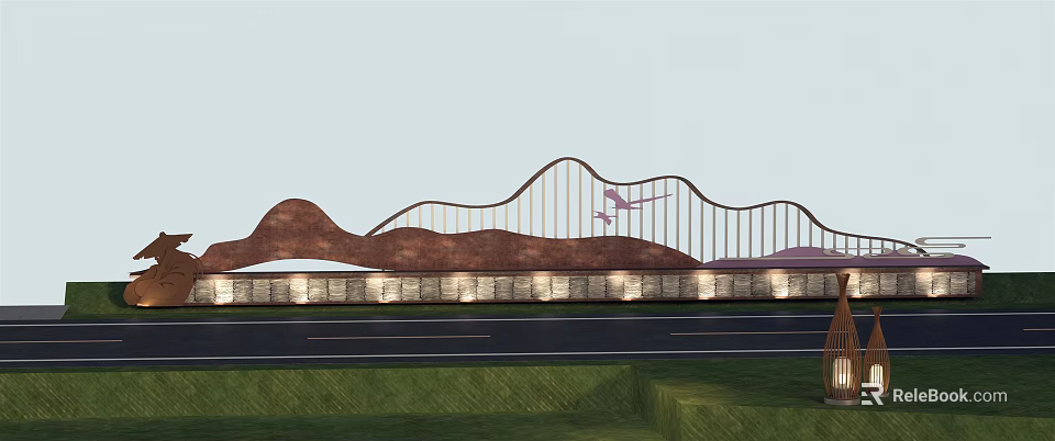 Modern Landscape Wall Featuring Wavy Metal Structure Stone Base And Bottom Lighting 3d model