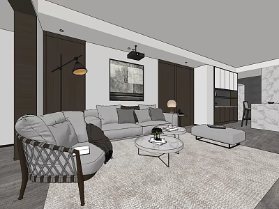 Modern Living Dining Room Interior With Grey Sofa Armchair Coffee Table Rug And Wall Art 3d model