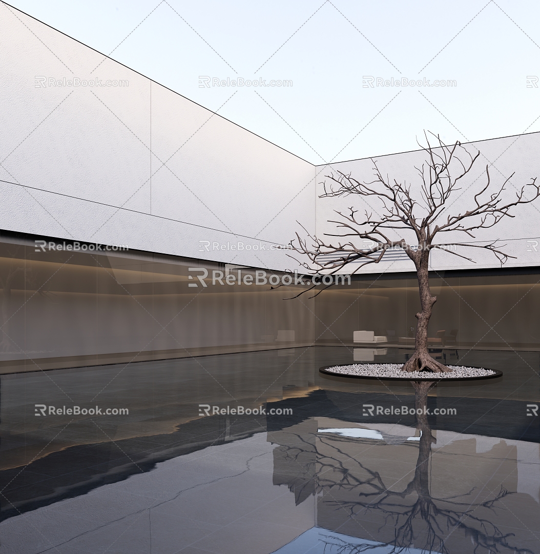 Chinese Courtyard Pool Waterscape Trees Dead Trees 3d model