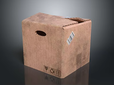Durable Brown Cardboard Box With Handle Hole Side Barcode And Recycling Symbol 3d model